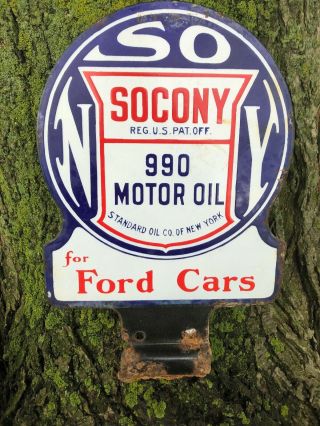 Porcelain Socony Double Sided Sign 990 Motor Oil Ford Cars Paddle Standard