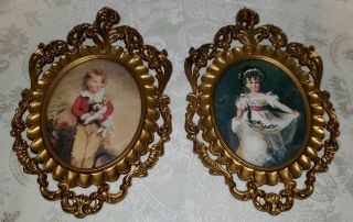 Vintage Set Of 2 Ornate Gold Picture Frames Boy And Girl Made In Italy