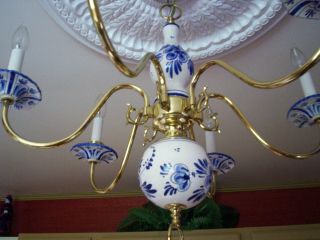 Vintage Royal Blue Delft Porcelain And Brass 6 Arm 6 Light Chandelier