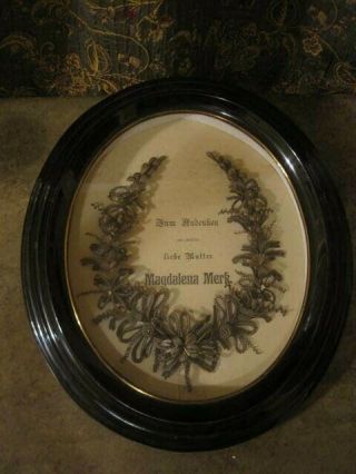 Antique German Victorian Mourning Hair Wreath In Oval Shadow Box