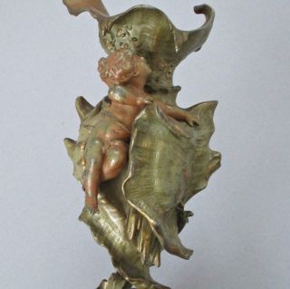 Antique Art Nouveau French Polychrome Spelter 12 " Sculpture Cherub Dolphin Shell