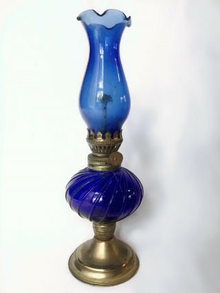 Vintage Blue Glass Mini Oil Lamp Brass Hong Kong Vintage 10” Tall