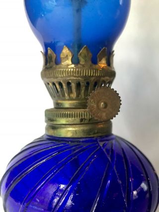 Vintage Blue Glass Mini Oil Lamp Brass Hong Kong Vintage 10” Tall 2