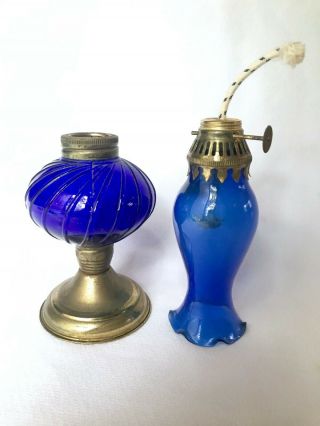 Vintage Blue Glass Mini Oil Lamp Brass Hong Kong Vintage 10” Tall 3