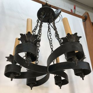 Vintage Spanish Revival Gothic Medieval Black Wrought Iron 6 Light Chandelier