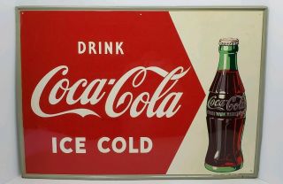 Vtg Drink Coca Cola Ice Cold Painted Tin Arrow Bottle Sign Soda Pop Mca 28x20
