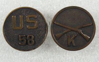 Army Enlisted Collar Disc: Co.  K,  58th Infantry Regiment Set - Wwi,  Dark Bronze