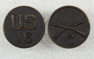 Army Enlisted Collar Disc: Co.  C,  16th Infantry Regiment Set - Wwi,  Dark Bronze
