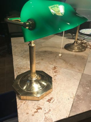 Sweet Art Deco Bankers Articulating Brass Desk Lamp Green Glass Vtg 60 