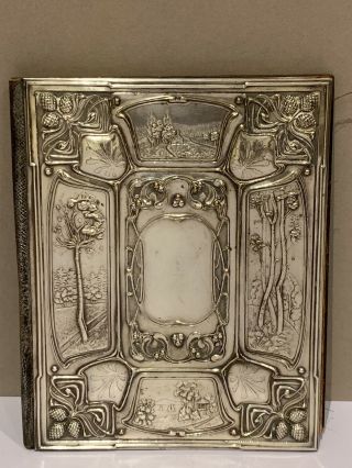 Stunning Art Nouveau Silver Plated And Leather Desk Blotter Book Stylised Scenes