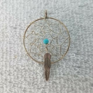 Vintage Native American Dream Catcher Sterling Silver Pendant Turquoise Feather