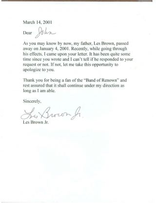Les Brown,  Jr. ,  Bandleader,  Typed Letter Signed Re: His Father 