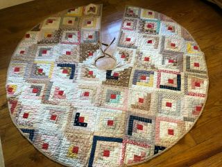 Vintage Quilt Xmas Tree Skirt Log Cabin Farmhouse Red Gold Hand Made Stitched