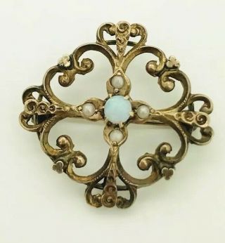 Antique Victorian 10k Gold Fire Opal & Seed Pearl Brooch Pendant For Necklace
