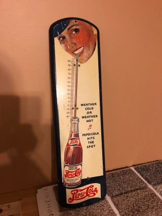 Pepsi Cola 1932 Dated Thermometer Sign,  Girl With Straw Extra Coke Sign