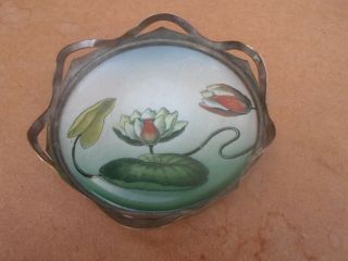 Wmf ? Art Nouveau Silver Plated Ceramic Bottle Coaster,  Lily Pad Flower Design