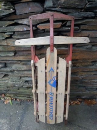 Vintage Wooden Snow Sledge 45 " Long Flexible Flyer Sled Signed Challenger