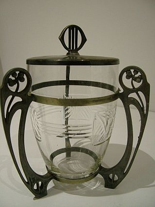 Unusual Wmf Art Nouveau Jugendstil Pewter & Glass Antique Biscuit Barrel (016)