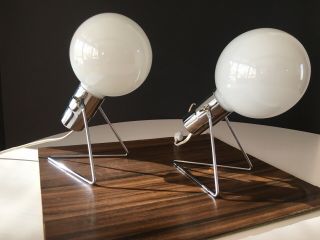 Mid Century Gilbert Modernist Pair Retro Chrome And Glass Adjustable Ball Lamps