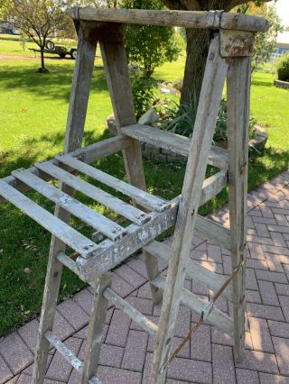 Antique Vintage Wood Folding Step Ladder Decor 3