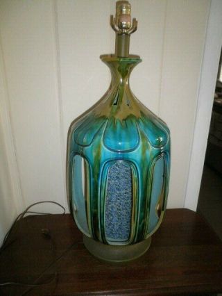 Huge Mid Century Modern Turquoise Drip Glaze Table Lamp Rare With Wool Tartan