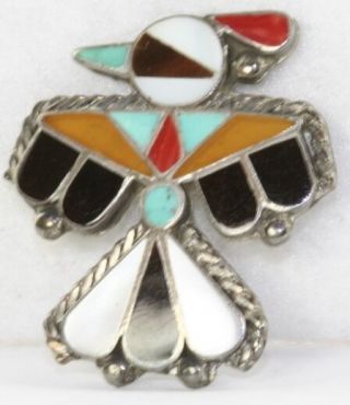 Vintage Zuni Indian Sterling Silver Turquoise Onyx Amber Coral Thunderbird Pin