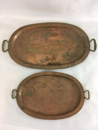 Vtg Set Of 2 Brass Handled Copper Serving Trays