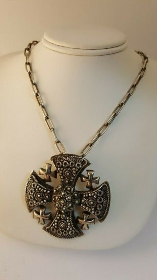 Vintage Sterling Silver Jerusalem Cross Pendant Necklace Bethlehem Heavy Orna