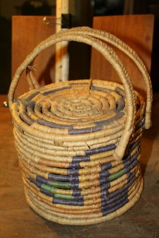 Vintage Hand Made Coiled Basket With Lid & Latch With Handles