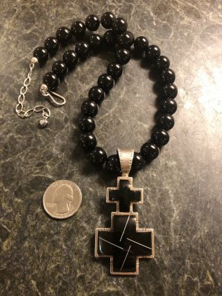 Vintage Jay King Sterling Silver Onyx Necklace & Large Cross Pendant 925 Dtr