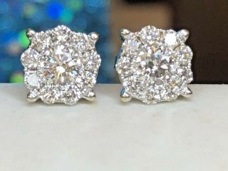 Vintage Estate 14k White Gold Diamond Halo Earrings Flower Cluster Signed Jst
