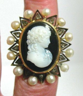 Victorian 14k Gold Cameo Rose Cut Diamond Pearl Ring Size 6.  25 10 Grams