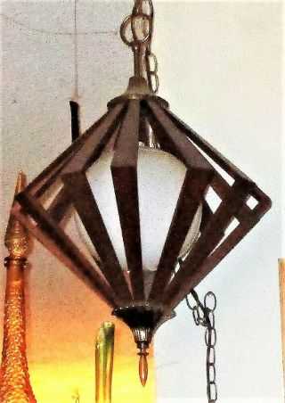 Vintage Mid Century Hanging Swag Light Lamp Teak Wood Danish Modern Light