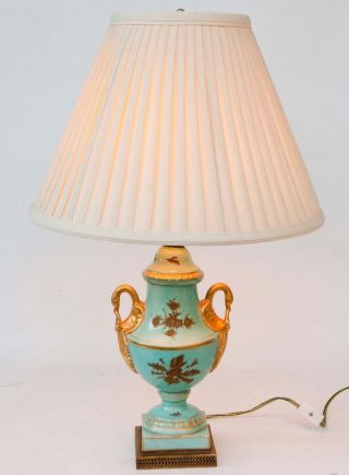 Vintage Turquoise Blue Porcelain Urn/vase Style Table Lamp W/gold Swan Handles