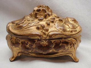 Antique Art Nouveau Casket Jewelry Trinket Box Gilt Gold Patina Repousse Footed