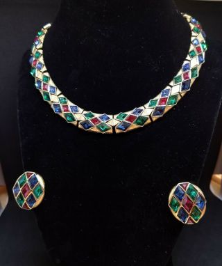 Trifari Jewels Of India Moghul Demi Parure Necklace Clip - Ons Red Green Blue Gold