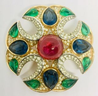 Vintage Trifari Jewels Of India Brooch Rhinestone Glass Cabochons Moghul Jewelry