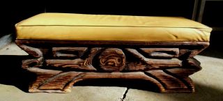 Vintage Witco Mid Century Retro Modern Tiki Carved Wood Bench Stool
