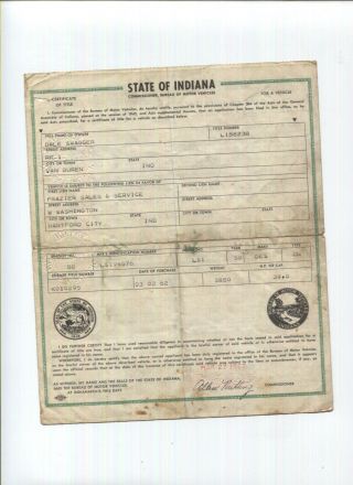 Vtg Car Title Indiana 1958 Desoto Firesweep Convertible Ls1 Historical Document