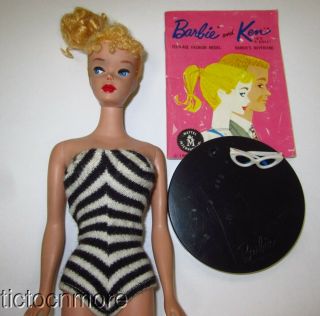 Vintage Barbie Ponytail Doll Blonde Soft Bangs 850 Tm Body Zebra Suit & Stand
