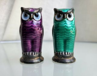 Vintage David Andersen Norway Sterling Silver Enamel Owl Salt And Pepper Shakers