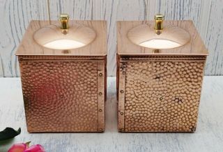 Arts and Crafts style copper tea caddies hammered copper,  with crests 2