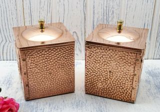 Arts and Crafts style copper tea caddies hammered copper,  with crests 3