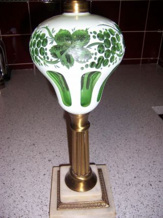 Boston Sandwich Glass White & Emerald Green Cut Overlay Banquet Lamp