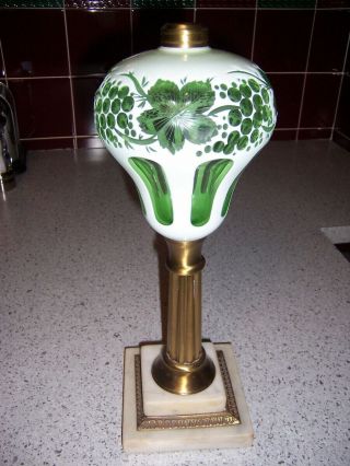 Boston Sandwich Glass White & Emerald Green Cut Overlay Banquet Lamp 2