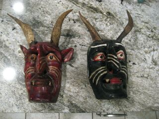 Collectible Vintage Mexican Folk Art Devil Masks With Real Horns