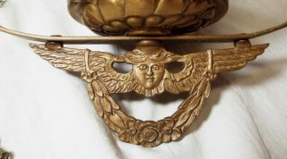 Old Antique Ornate Brass HANGING LAMP FRAME w/ Pattern Glass Font & Burner 2