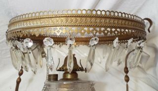 Old Antique Ornate Brass HANGING LAMP FRAME w/ Pattern Glass Font & Burner 3