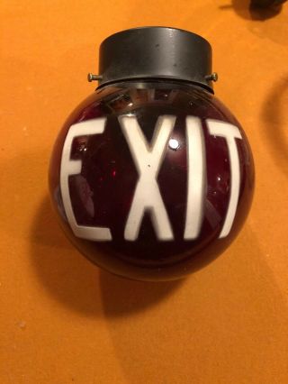 Exit Sign Vintage Art Deco Ruby Red With White Lettering Glass Light Shade Globe