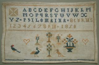 1850 Antique Belgian Cross Stitch Needlework Sampler Alphabet Birds Heart